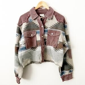 POL | Aztec Print Jacket Raw Hem Fringe Coat Aztec Print Boho Oversized | Small